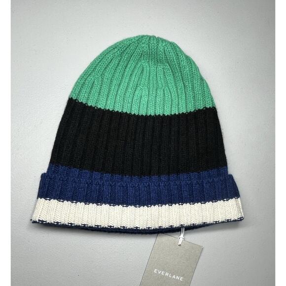 Everlane The Cashmere Beanie Hat OS Adult Bright Navy Green Multi Stripe Ribbed - Picture 1 of 5
